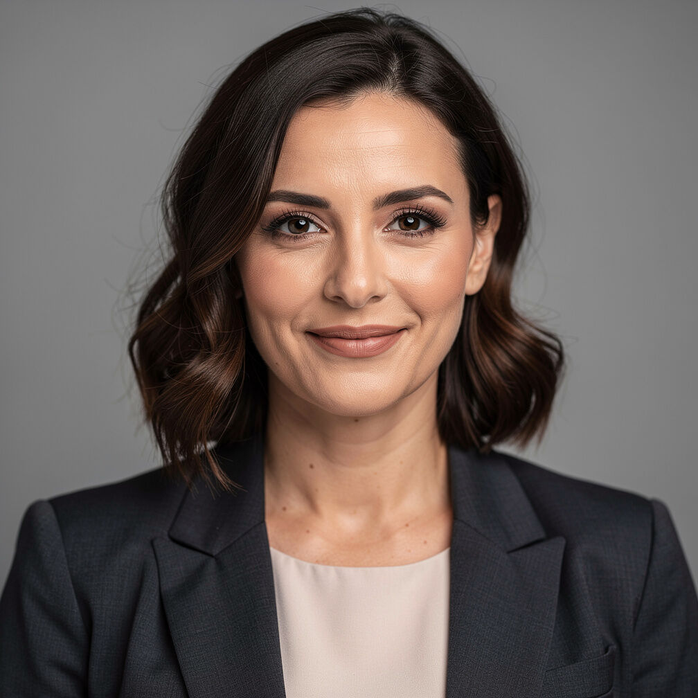 Studio portrait of a Portuguese woman journalist with dark hair