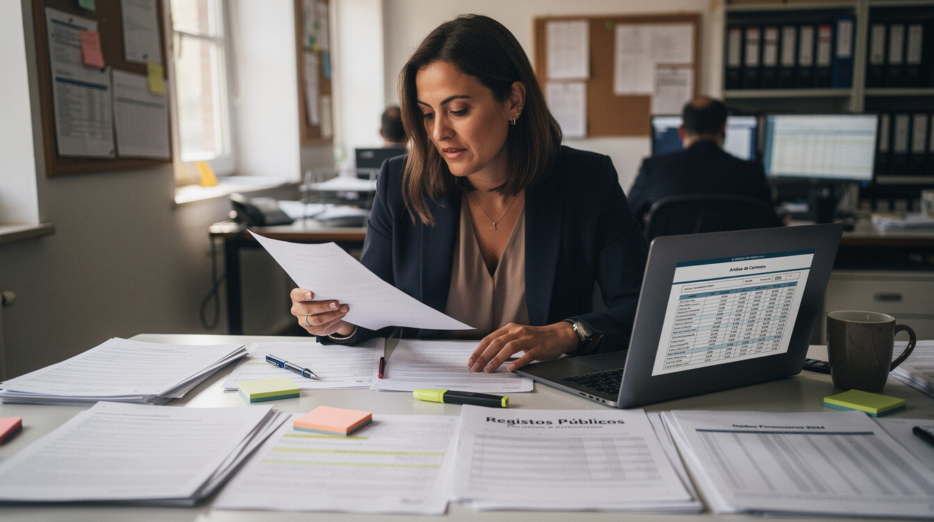 Investigative journalist reviewing printed documents and a laptop at a desk