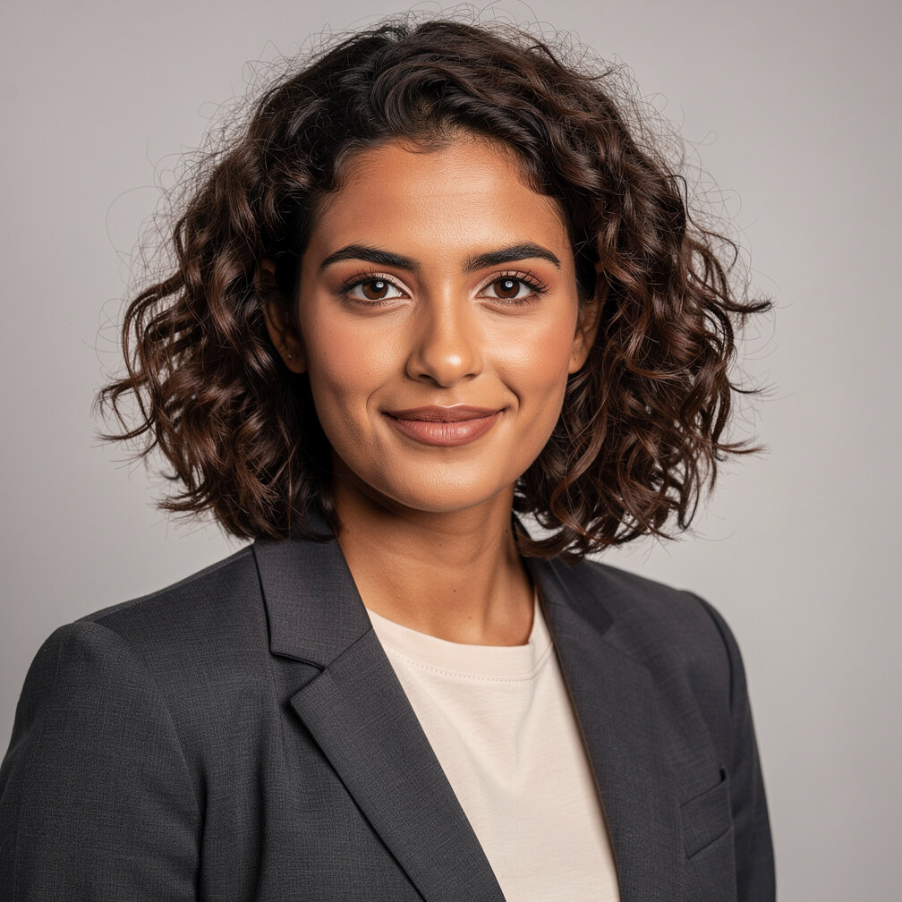 Studio portrait of a young Portuguese woman data journalist