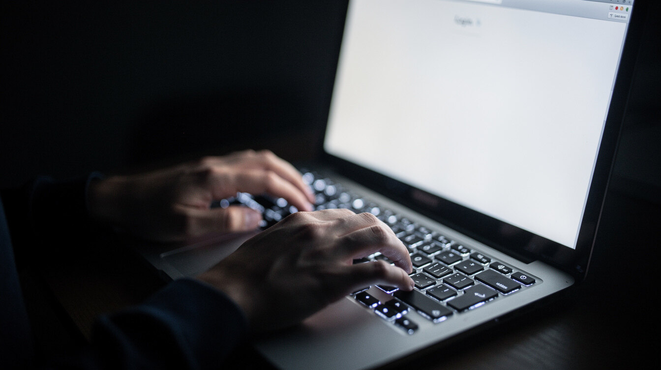 Person typing securely on a laptop at night representing a confidential tip line
