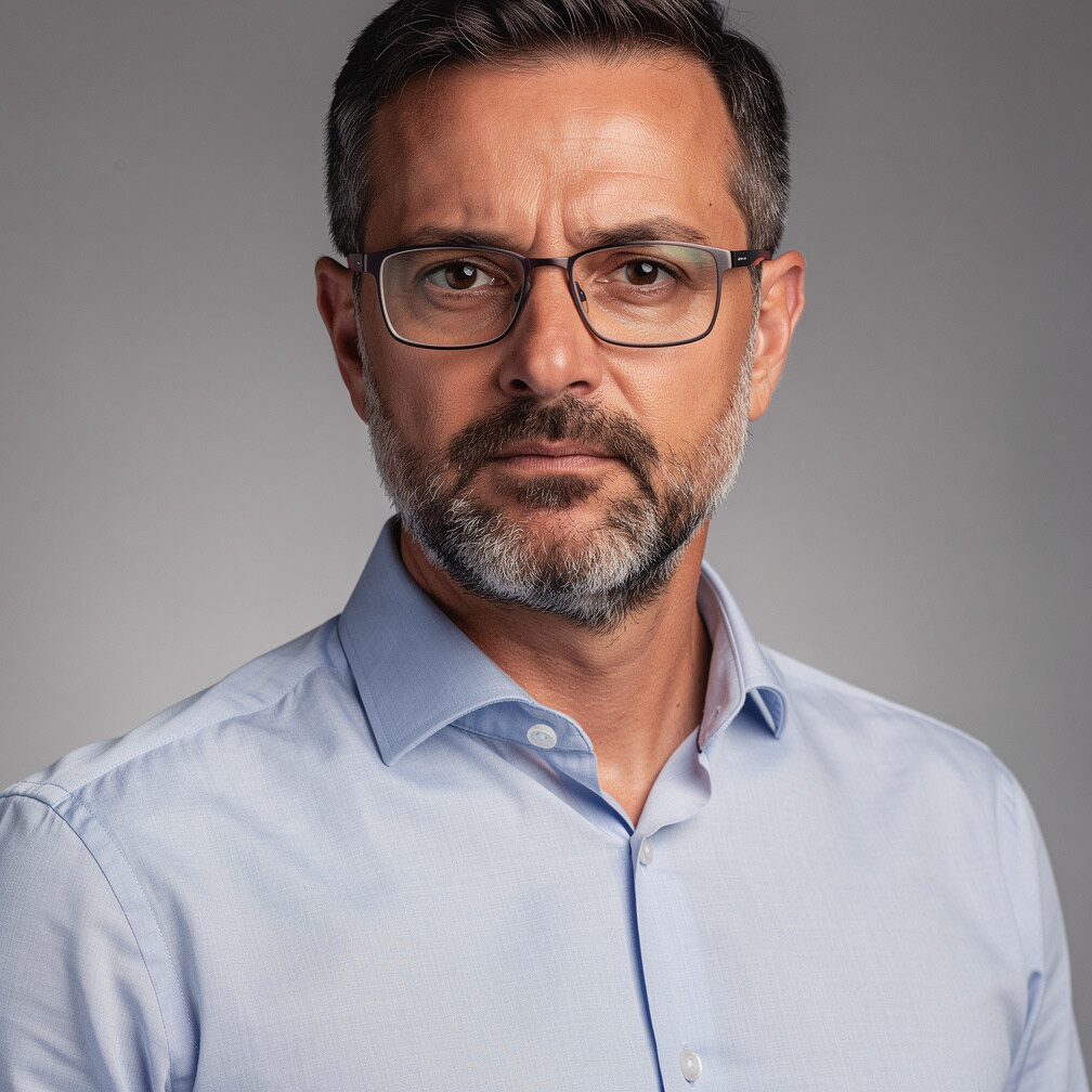 Studio portrait of a Portuguese man journalist with short beard