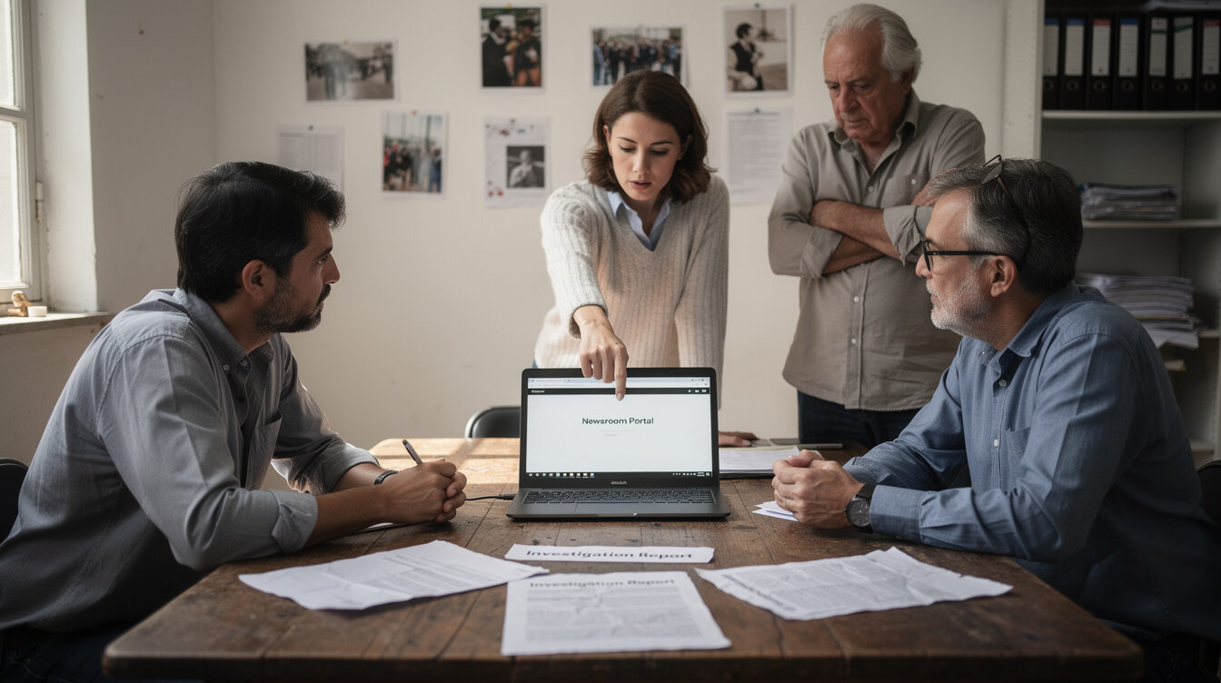 Small team of journalists discussing documents around a table in a newsroom