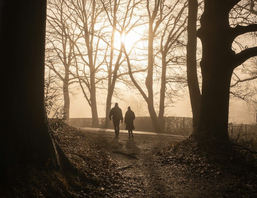 couple walking in park at dusk
